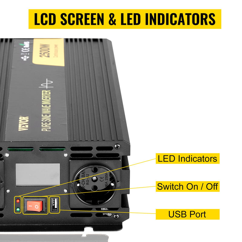 VEVOR tīras sinusviļņu invertors 2500W  DC 12V uz AC 230V,  ar USB portu, LCD displeju, tālvadības kontrolieri, drošības aizsardzībām un strāvas pārveidotāju piemērots RV, kravas automašīnām, laivām un ārkārtas situācijām.