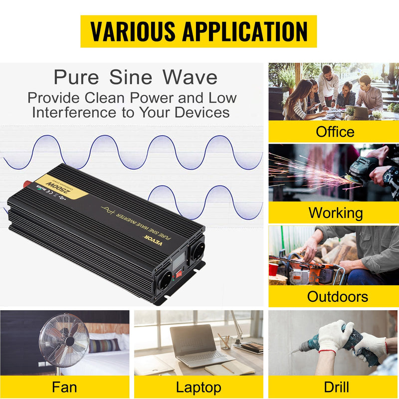 VEVOR tīras sinusviļņu invertors 2500W  DC 12V uz AC 230V,  ar USB portu, LCD displeju, tālvadības kontrolieri, drošības aizsardzībām un strāvas pārveidotāju piemērots RV, kravas automašīnām, laivām un ārkārtas situācijām.