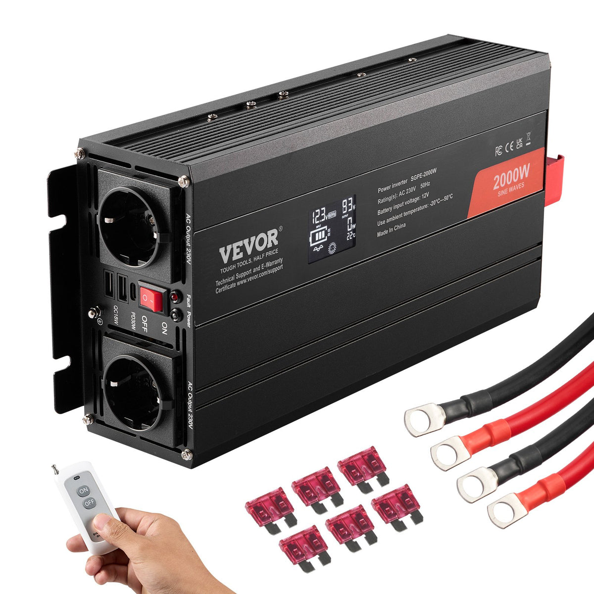 VEVOR Pure Sine Wave Inverter Power Converter 2000W DC12V AC230V, Inverter LCD, Remote Control, CE