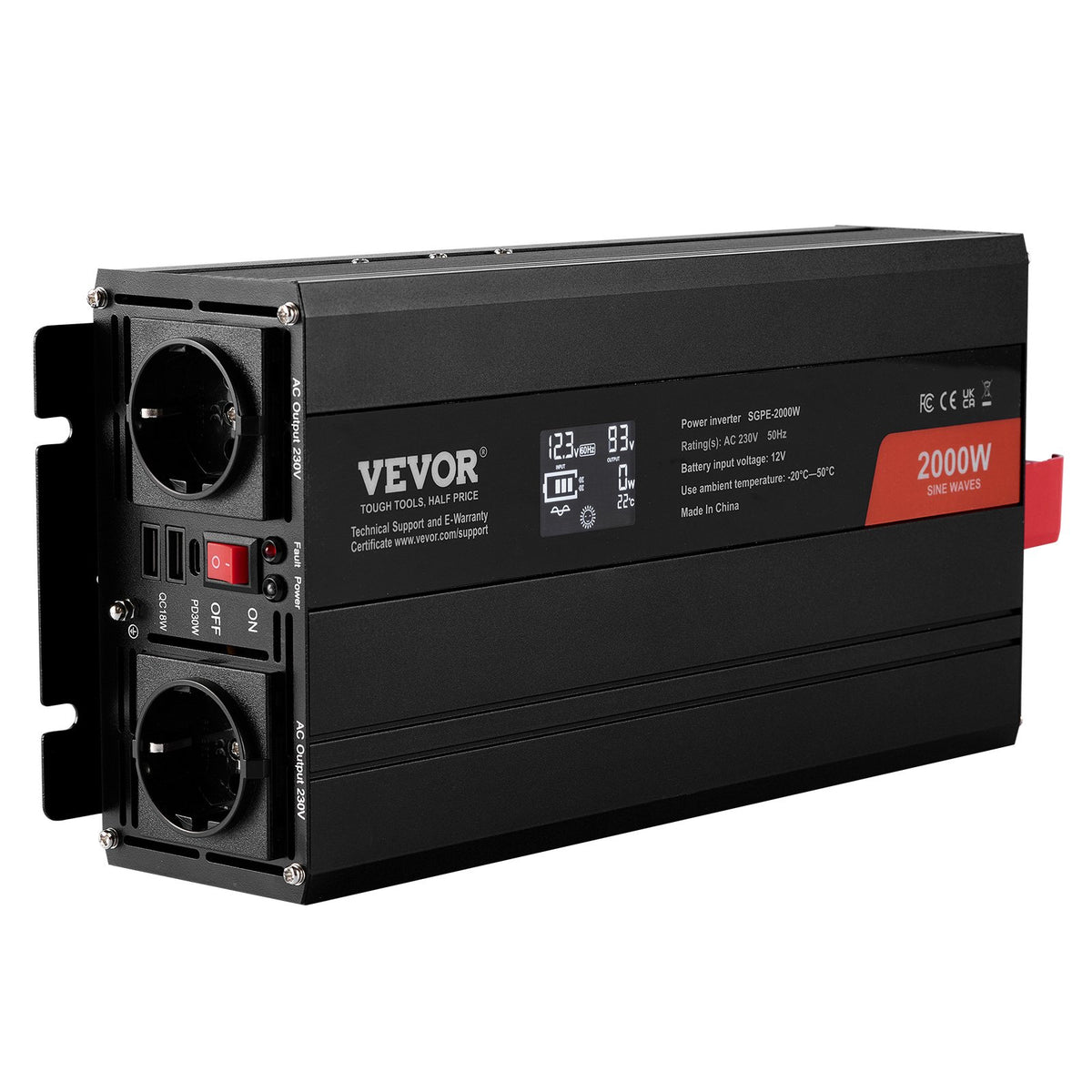 VEVOR Pure Sine Wave Inverter Power Converter 2000W DC12V AC230V, Inverter LCD, Remote Control, CE