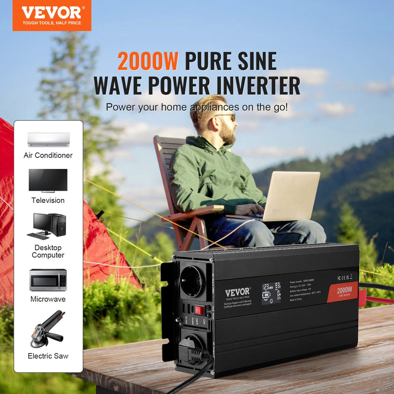 VEVOR tīrā sinusoidālā viļņa invertora jaudas pārveidotājs 2000W DC12V AC230V, invertora LCD, tālvadības pults, CE