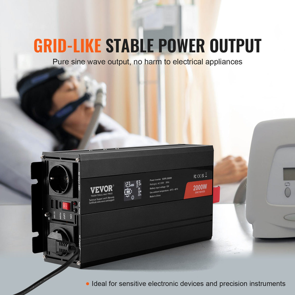 VEVOR Pure Sine Wave Inverter Power Converter 2000W DC12V AC230V, Inverter LCD, Remote Control, CE