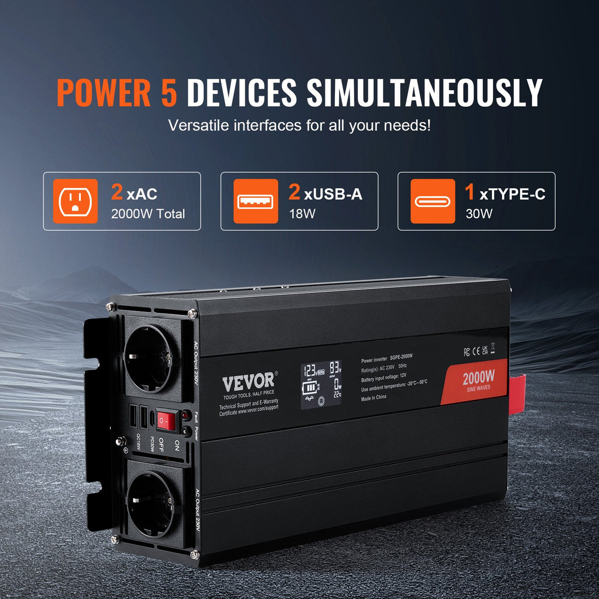 VEVOR Pure Sine Wave Inverter Power Converter 2000W DC12V AC230V, Inverter LCD, Remote Control, CE