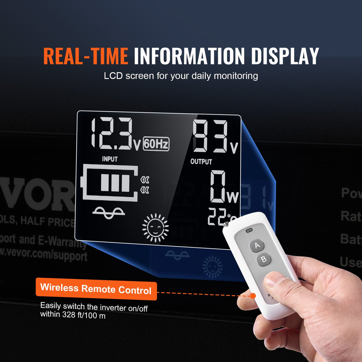 VEVOR Pure Sine Wave Inverter Power Converter 2000W DC12V AC230V, Inverter LCD, Remote Control, CE