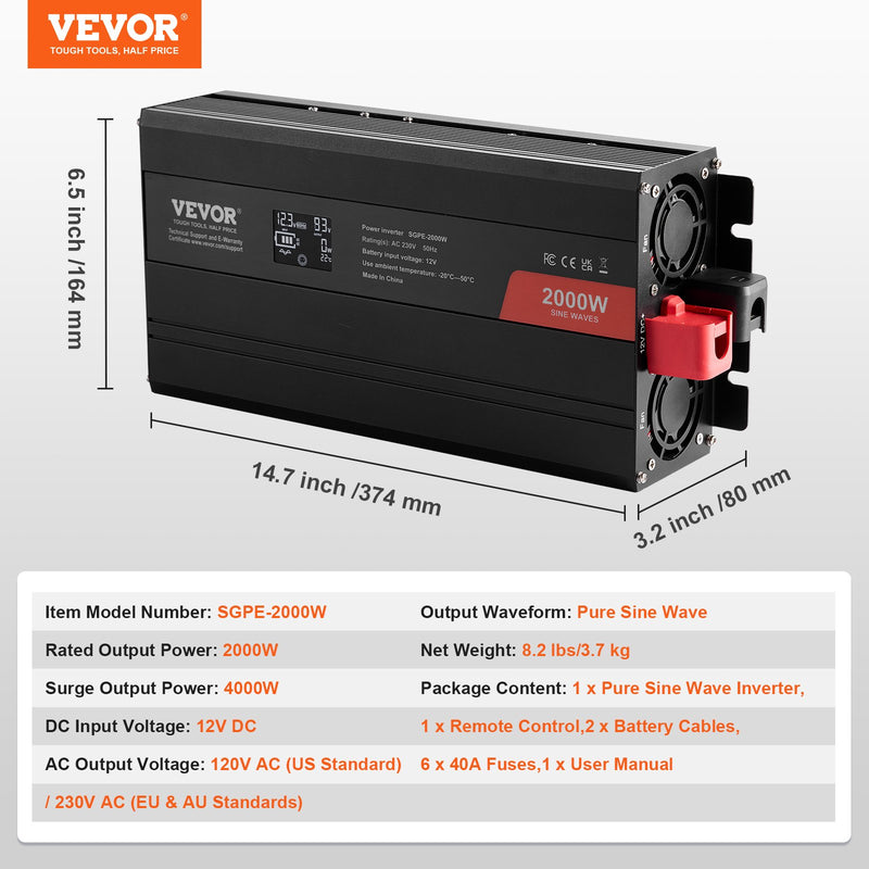 VEVOR tīrā sinusoidālā viļņa invertora jaudas pārveidotājs 2000W DC12V AC230V, invertora LCD, tālvadības pults, CE