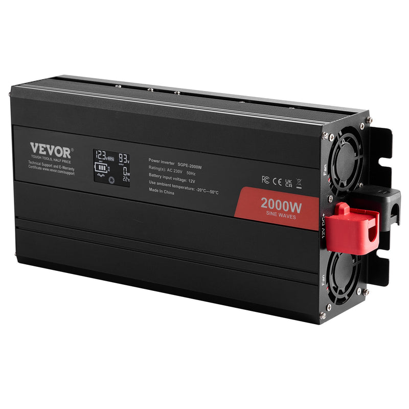 VEVOR tīrā sinusoidālā viļņa invertora jaudas pārveidotājs 2000W DC12V AC230V, invertora LCD, tālvadības pults, CE