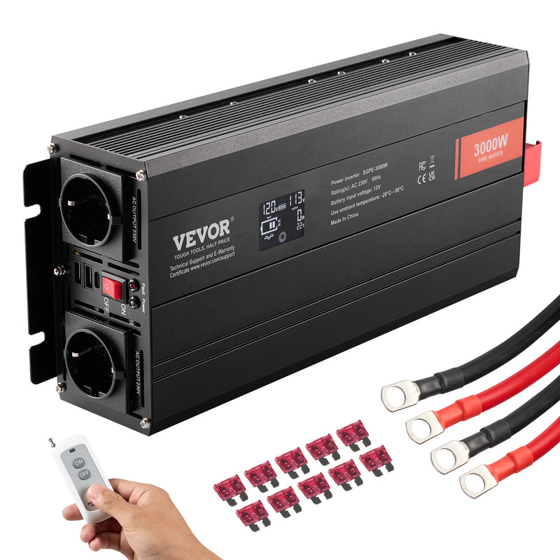 VEVOR tīrā sinusoidālā viļņa invertora jaudas pārveidotājs 3000 W 1224V līdz AC230V invertora LCD, tālvadības pults, CE