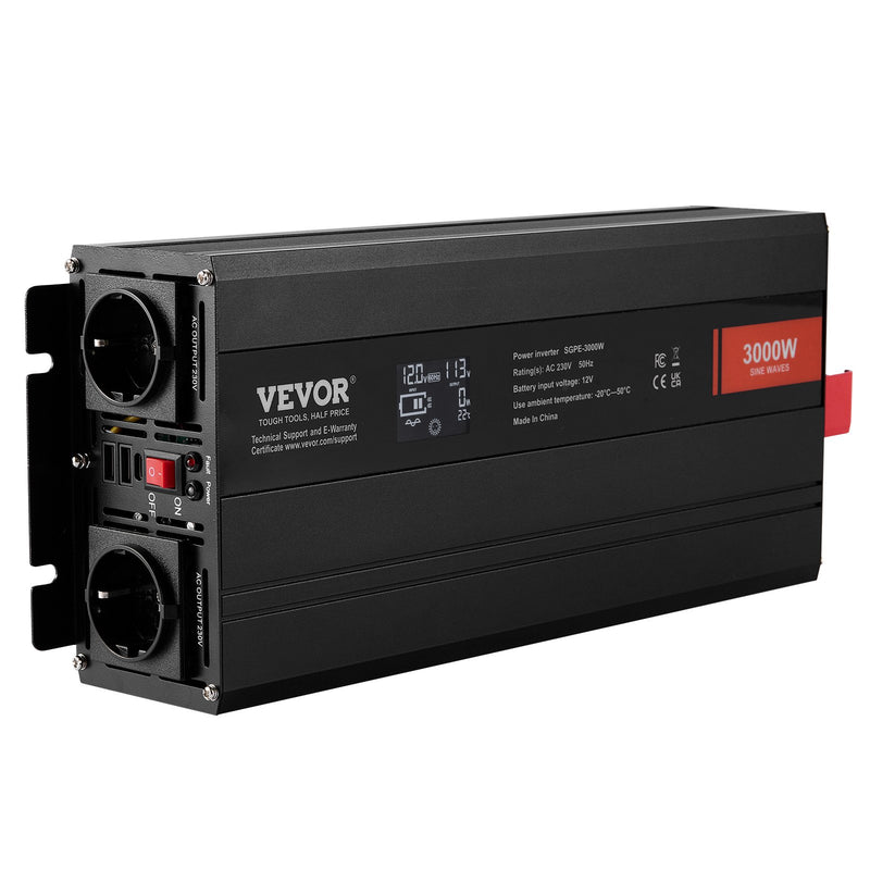 VEVOR Tīras sinusviļņu invertors 3000W, DC 12V uz AC 230V, 2 AC kontaktligzdas, 2 USB pieslēgumi, 1 Type-C pieslēgums, LCD ekrāns un tālvadības pults lieliem mājsaimniecības aparātiem
