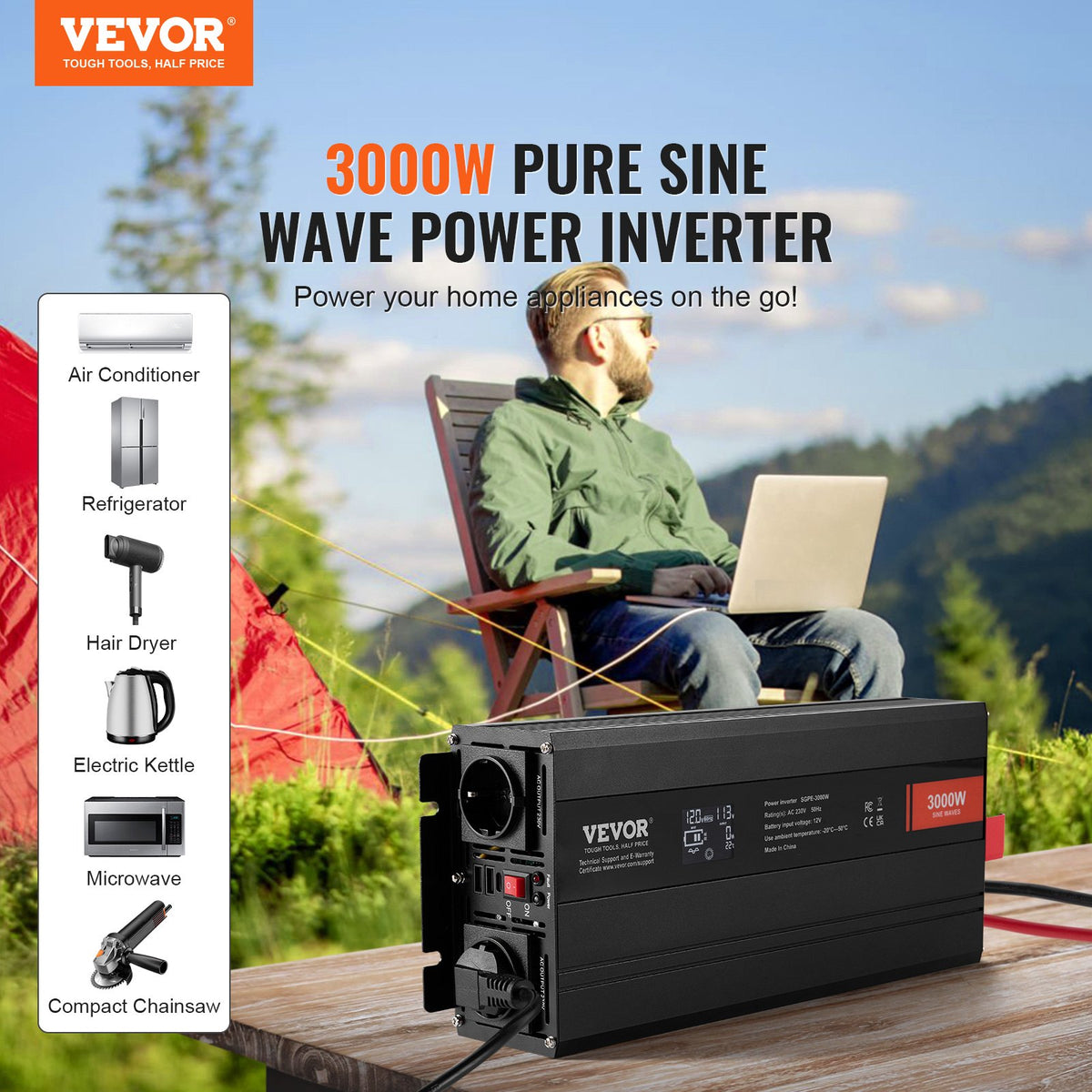VEVOR Pure Sine Wave Inverter 3000W, DC 12V to AC 230V, 2 AC Outlets, 2 USB Ports, 1 Type-C Port, LCD Display and Remote Control for Large Household Appliances