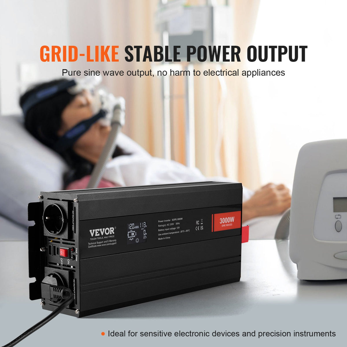 VEVOR Pure Sine Wave Inverter 3000W, DC 12V to AC 230V, 2 AC Outlets, 2 USB Ports, 1 Type-C Port, LCD Display and Remote Control for Large Household Appliances