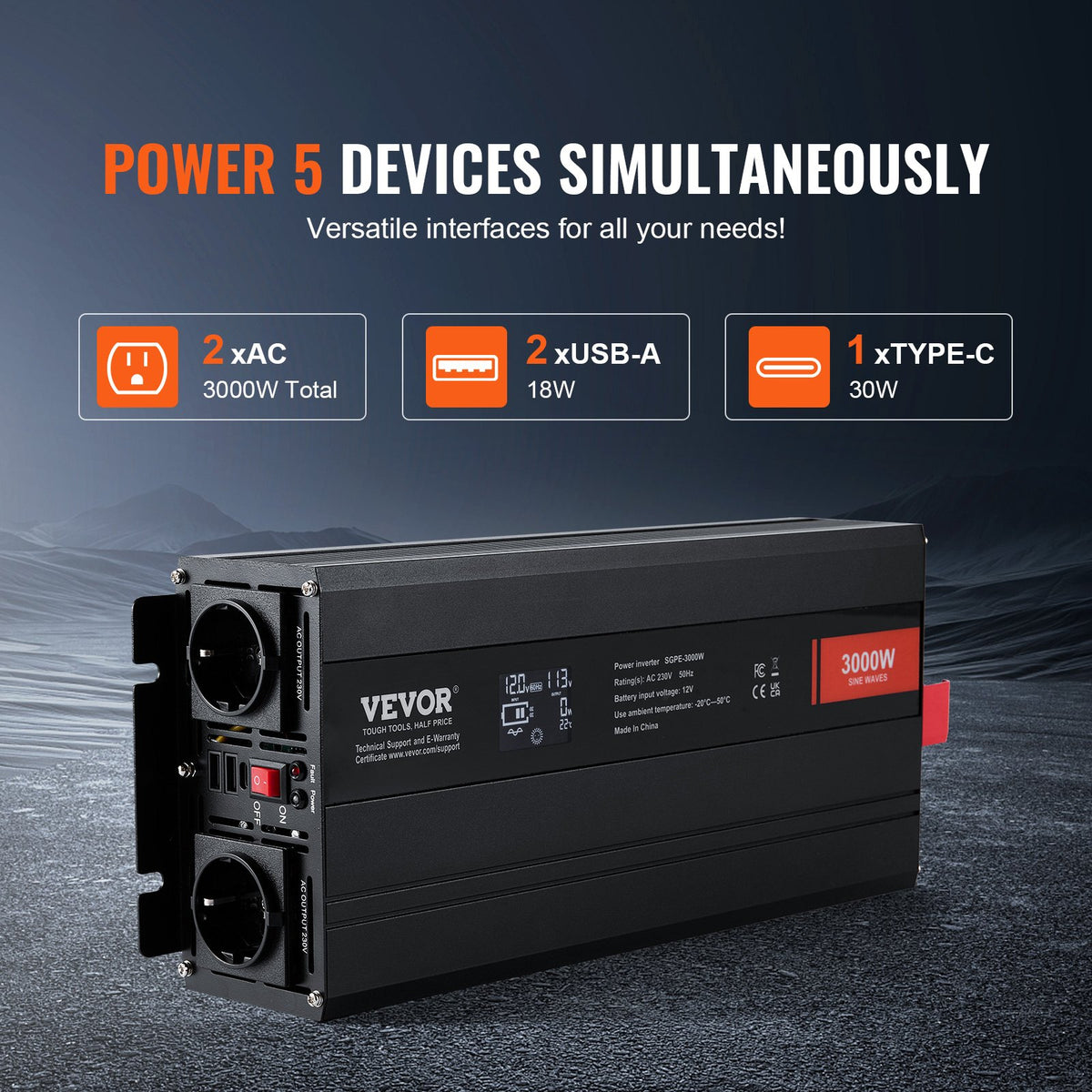 VEVOR Pure Sine Wave Inverter 3000W, DC 12V to AC 230V, 2 AC Outlets, 2 USB Ports, 1 Type-C Port, LCD Display and Remote Control for Large Household Appliances