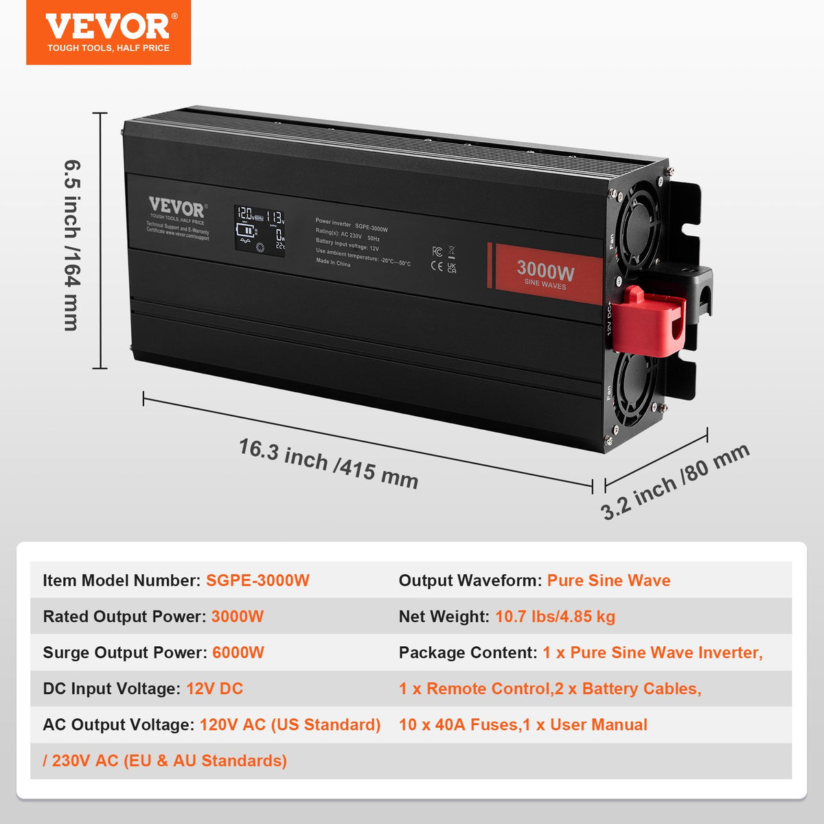 VEVOR Pure Sine Wave Inverter 3000W, DC 12V to AC 230V, 2 AC Outlets, 2 USB Ports, 1 Type-C Port, LCD Display and Remote Control for Large Household Appliances