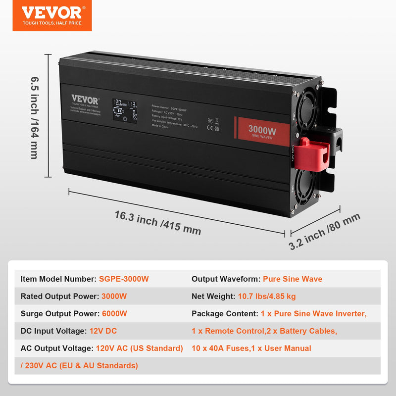 VEVOR tīrā sinusoidālā viļņa invertora jaudas pārveidotājs 3000 W 1224V līdz AC230V invertora LCD, tālvadības pults, CE