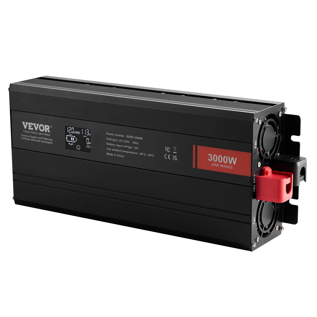 VEVOR Pure Sine Wave Inverter 3000W, DC 12V to AC 230V, 2 AC Outlets, 2 USB Ports, 1 Type-C Port, LCD Display and Remote Control for Large Household Appliances