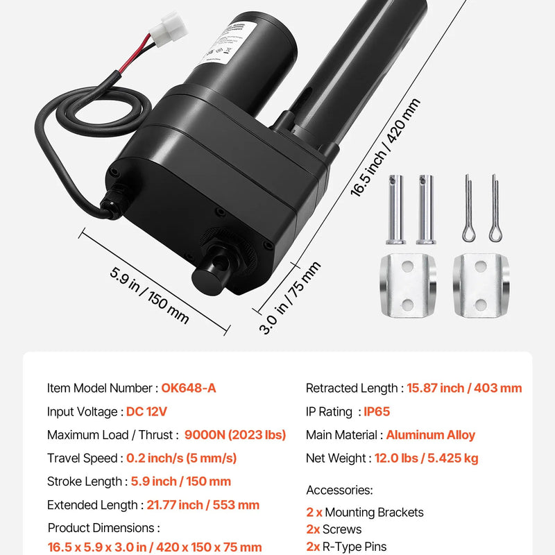 VEVOR lineārais aktuators 12 V 15 cm īpaši smagas slodzes 9000 N lineārās kustības aktuators IP65 5 mm/s ar montāžas kronšteiniem industriālajām iekārtām kuģiem un smagu pacelšanas sistēmām