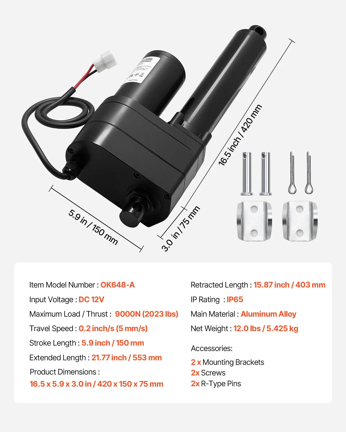 VEVOR lineārais aktuators 12 V 15 cm īpaši smagas slodzes 9000 N lineārās kustības aktuators IP65 5 mm/s ar montāžas kronšteiniem industriālajām iekārtām kuģiem un smagu pacelšanas sistēmām
