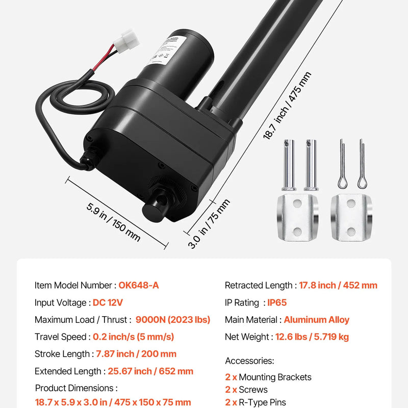VEVOR lineārais aktuators 12 V 20 cm īpaši smagas slodzes 9000 N lineārās kustības aktuators IP65 5 mm/s ar montāžas kronšteiniem industriālajām iekārtām kuģiem un smagu pacelšanas sistēmām