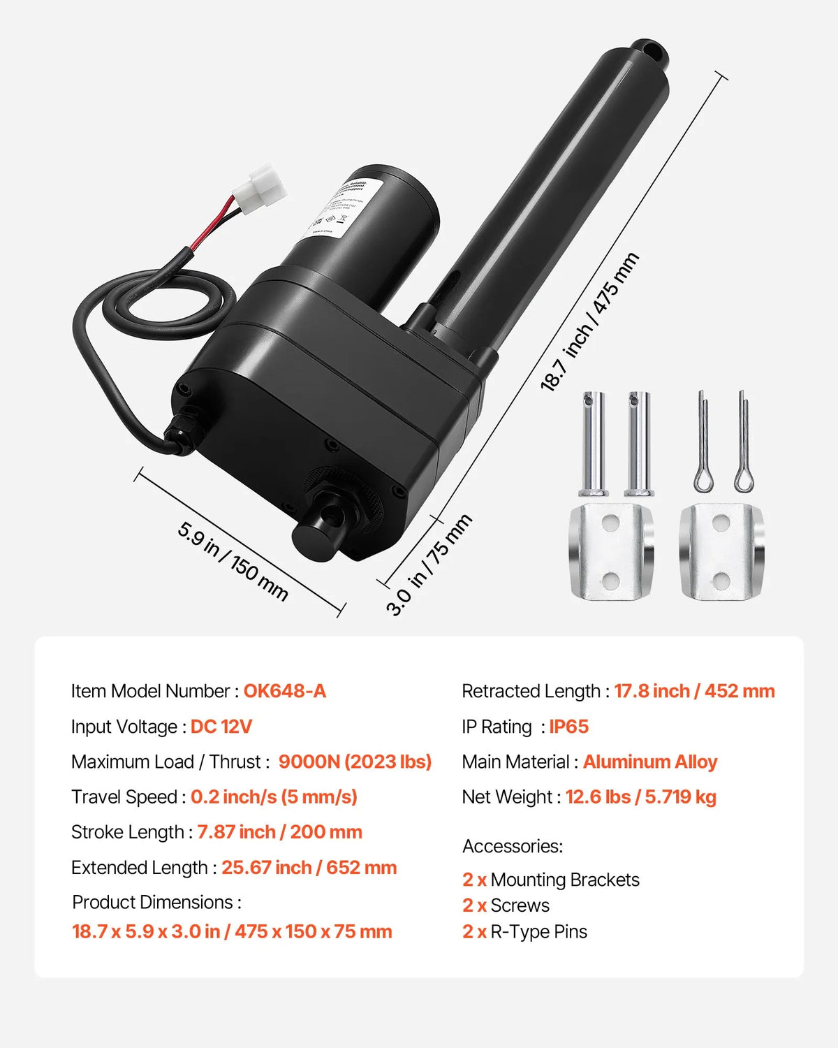 VEVOR Linear Actuator 12 V 20 cm Heavy Duty 9000 N Linear Motion Actuator IP65 5 mm/s with Mounting Brackets for Industrial Equipment Ships and Heavy Lifting Systems