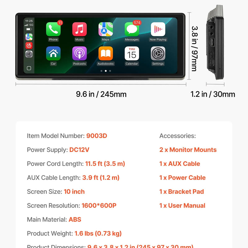 Auto multimediju atskaņotājs ar skārienekrānu 25,4 cm, Apple CarPlay, Android Auto, Bluetooth