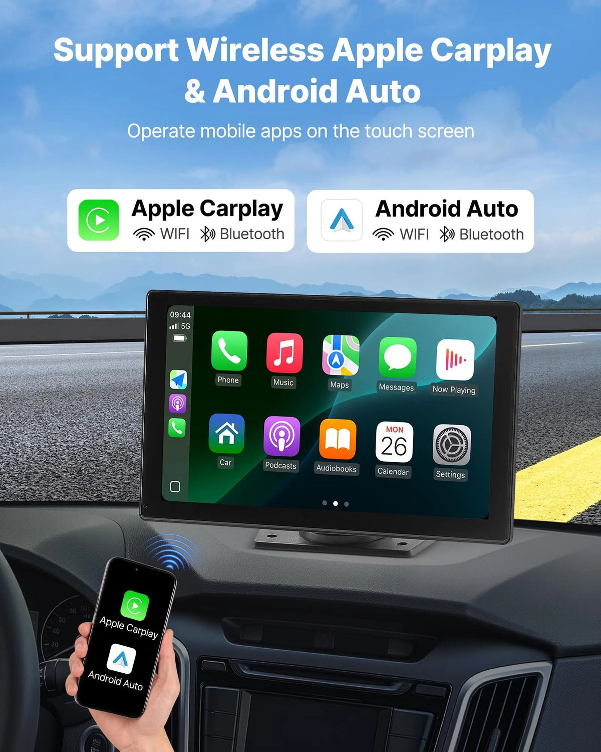 Auto multimediju sistēma ar 22,86 cm skārienekrānu, Apple CarPlay, Android Auto un atpakaļskata kameru