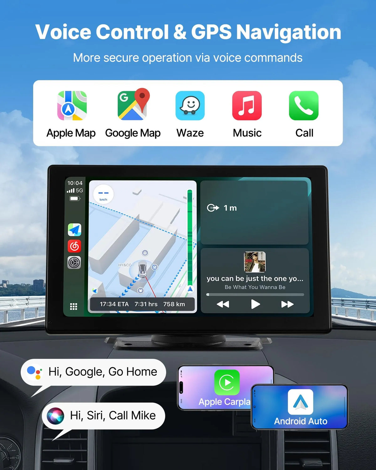Auto multimediju sistēma ar 22,86 cm skārienekrānu, Apple CarPlay, Android Auto un atpakaļskata kameru
