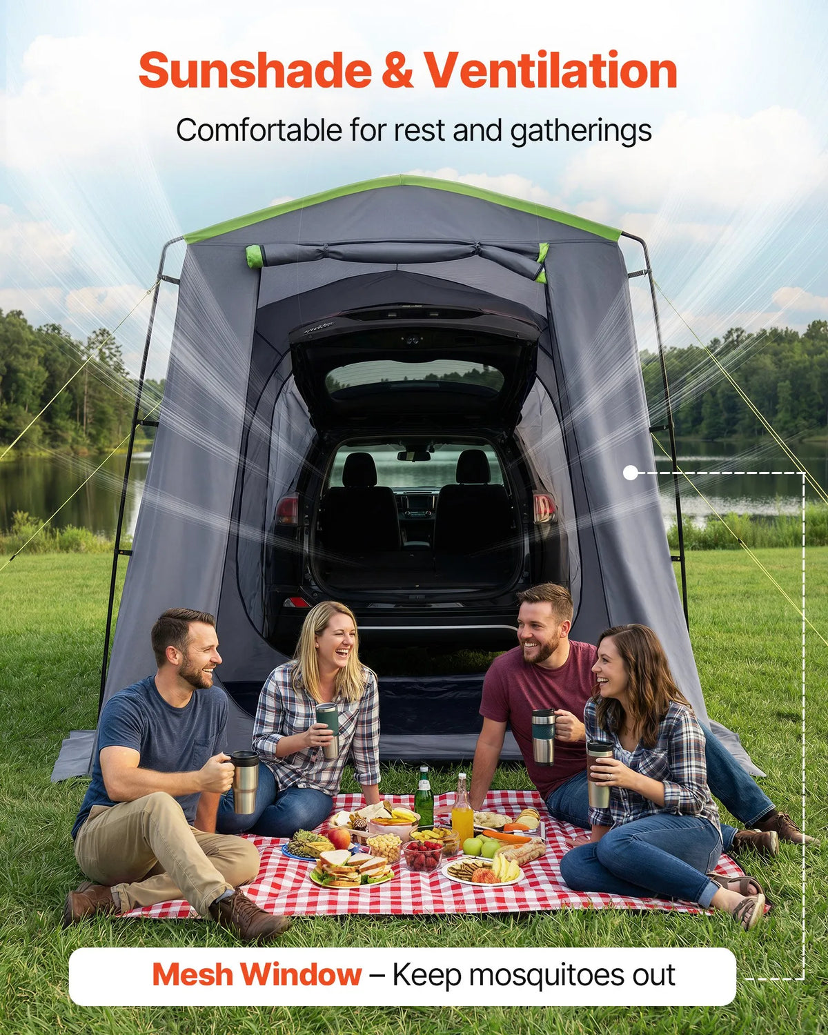 VEVOR liela SUV telts 5–9 personām, 3,23 x 2,44 m visu sezonu bagāžnieka telts ar ventilējamu durvju paneli un sieta logiem, PU3000 mm ūdensizturīga divējādas lietošanas auto aizmugures durvju telts kempingam un pārgājieniem - ZEMLETES.LV