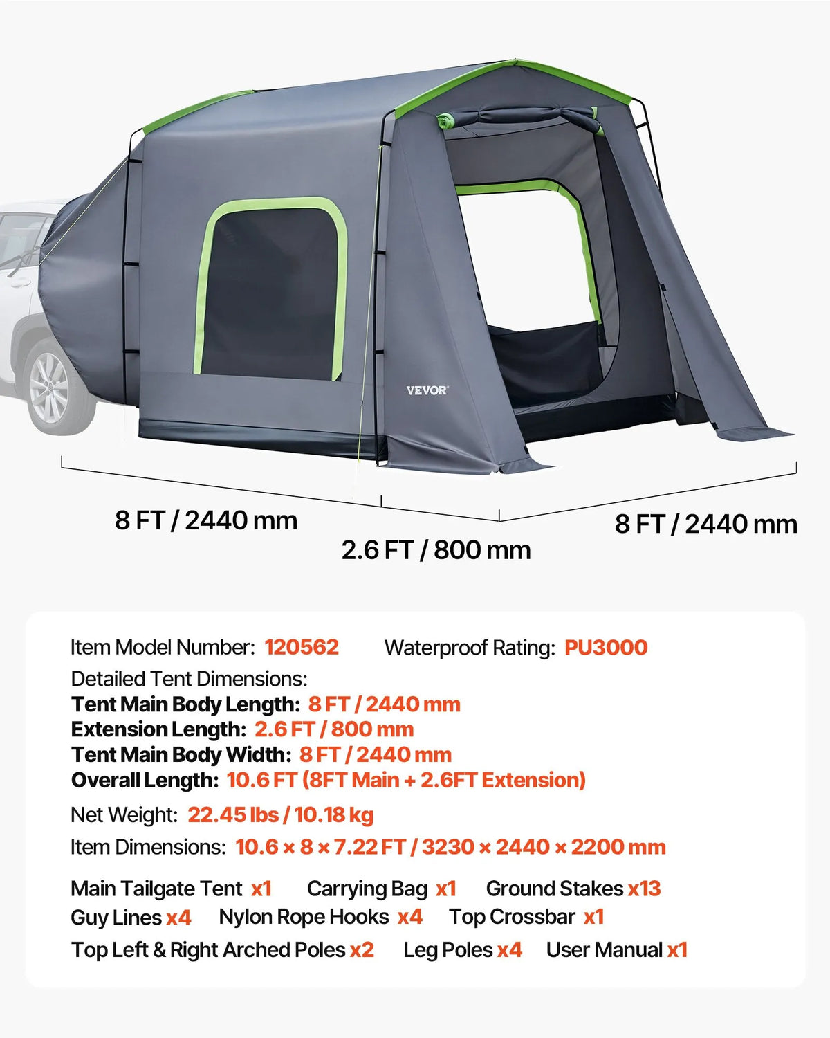 VEVOR liela SUV telts 5–9 personām, 3,23 x 2,44 m visu sezonu bagāžnieka telts ar ventilējamu durvju paneli un sieta logiem, PU3000 mm ūdensizturīga divējādas lietošanas auto aizmugures durvju telts kempingam un pārgājieniem - ZEMLETES.LV