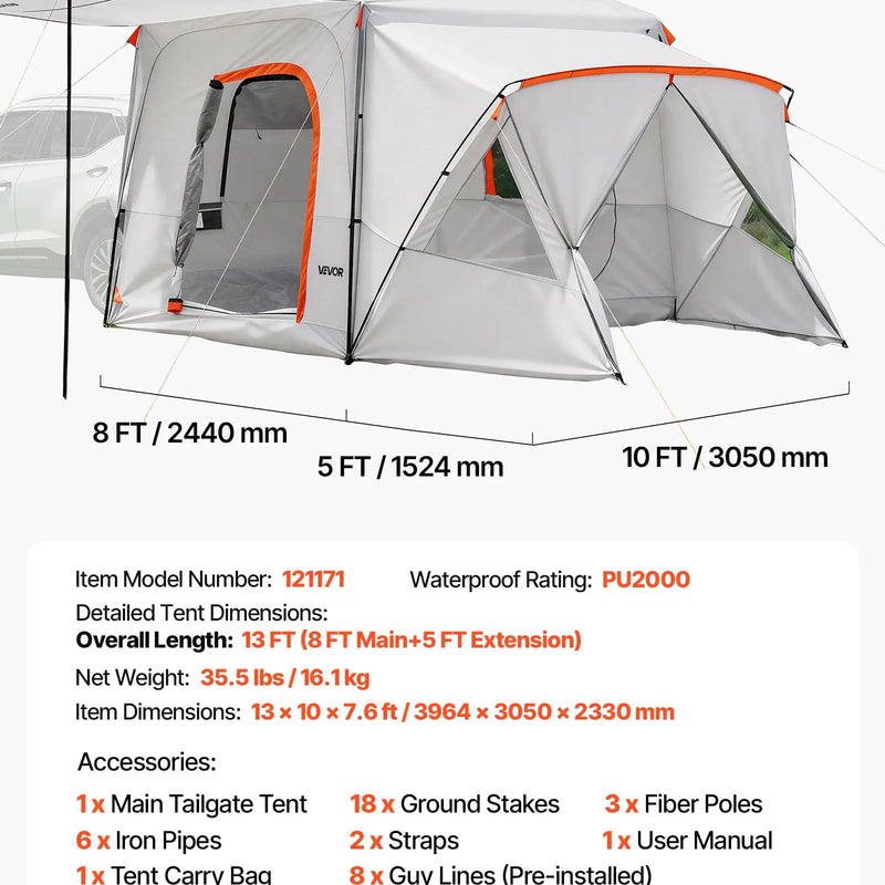 VEVOR SUV kempinga telts 5–9 personām, 3,96 x 3,05 m, 3 sezonu bagāžnieka telts ar ventilācijas logiem, PU2000 mm ūdensizturība, piemērota pārgājieniem un ceļojumiem