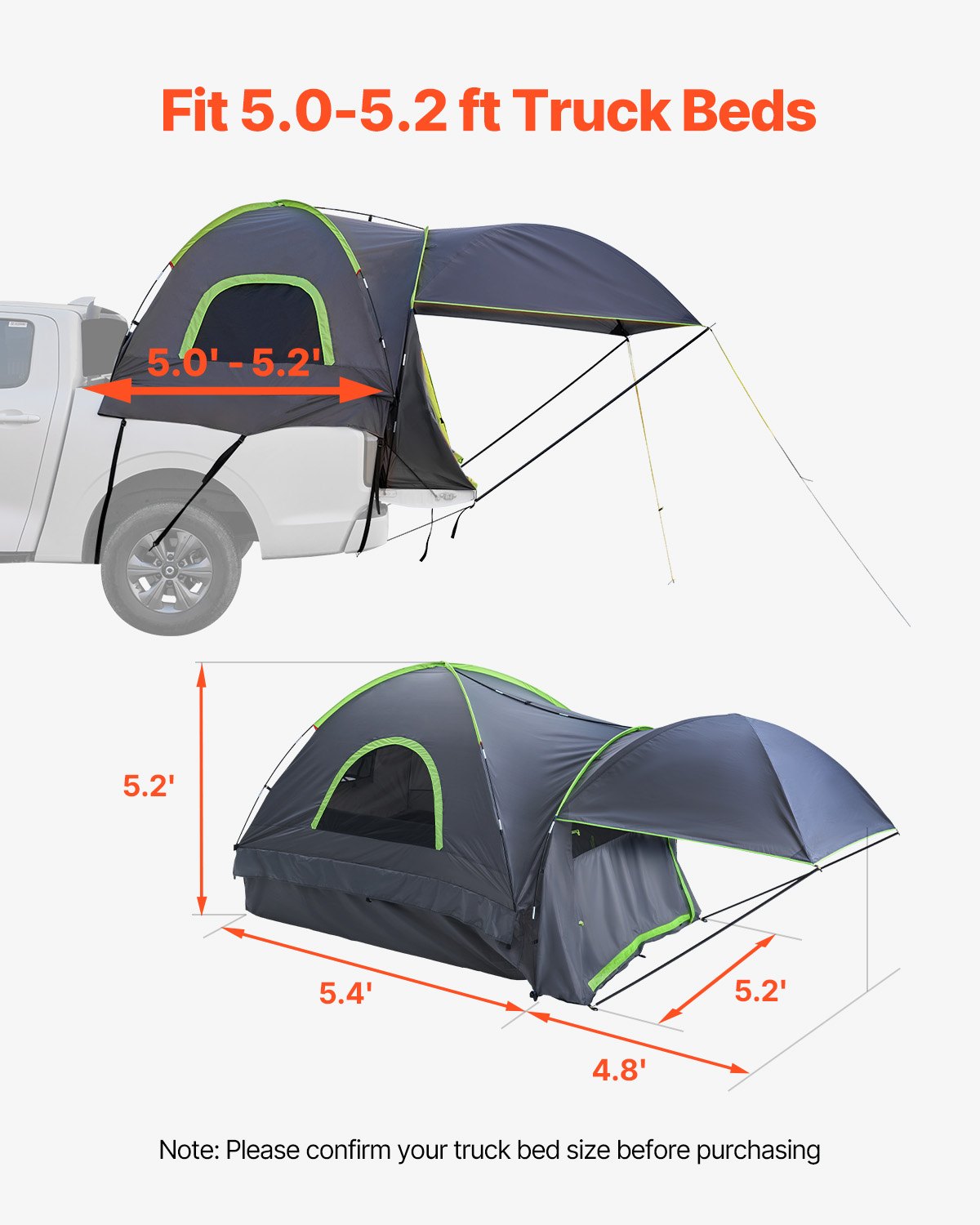 VEVOR Kravas Automobiļa Telts 152-158 cm, Ūdensnecaurlaidīga (PU2000) Pikapa Gultas Kempinga Telts, Piemērota 2-3 Personām