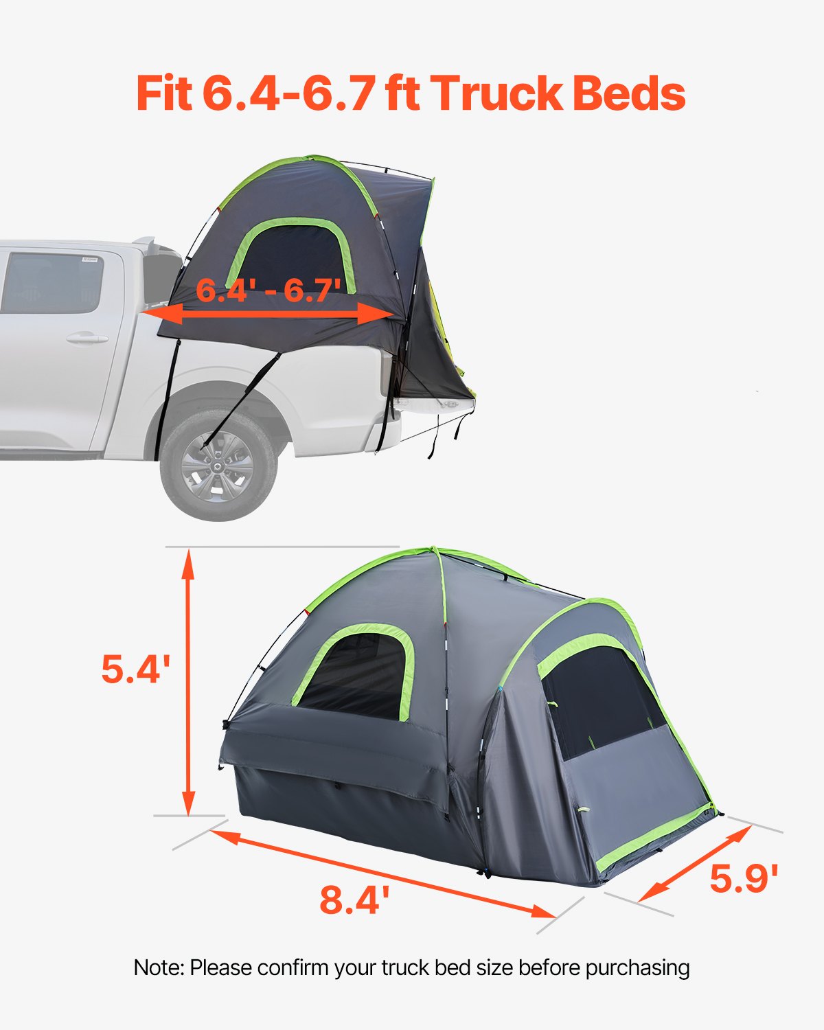 VEVOR Kravas Automobiļa Telts 195-204 cm, Ūdensnecaurlaidīga (PU2000) Pikapa Gultas Kempinga Telts, Piemērota 2-3 Personām