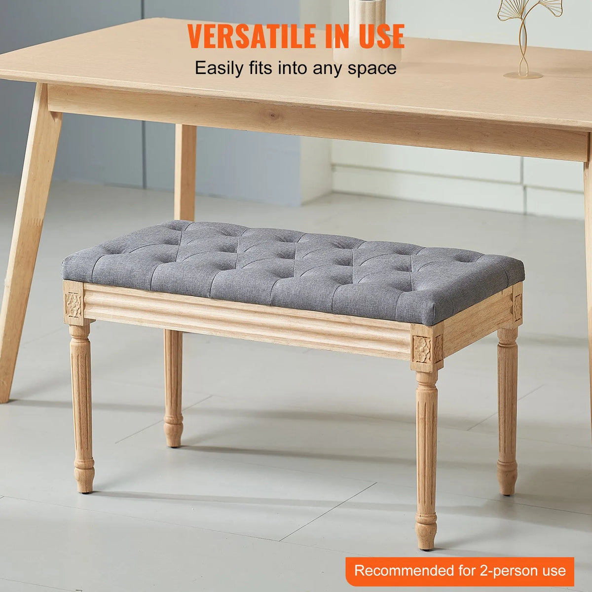 VEVOR Upholstered Footstool, 40 cm Wide Ottoman with Foam Padding and Rubber Wood Legs, Tufted Seat, Footrest and Hallway Bench, Suitable for Bedroom, Living Room, Dining Room or Corridor, Grey