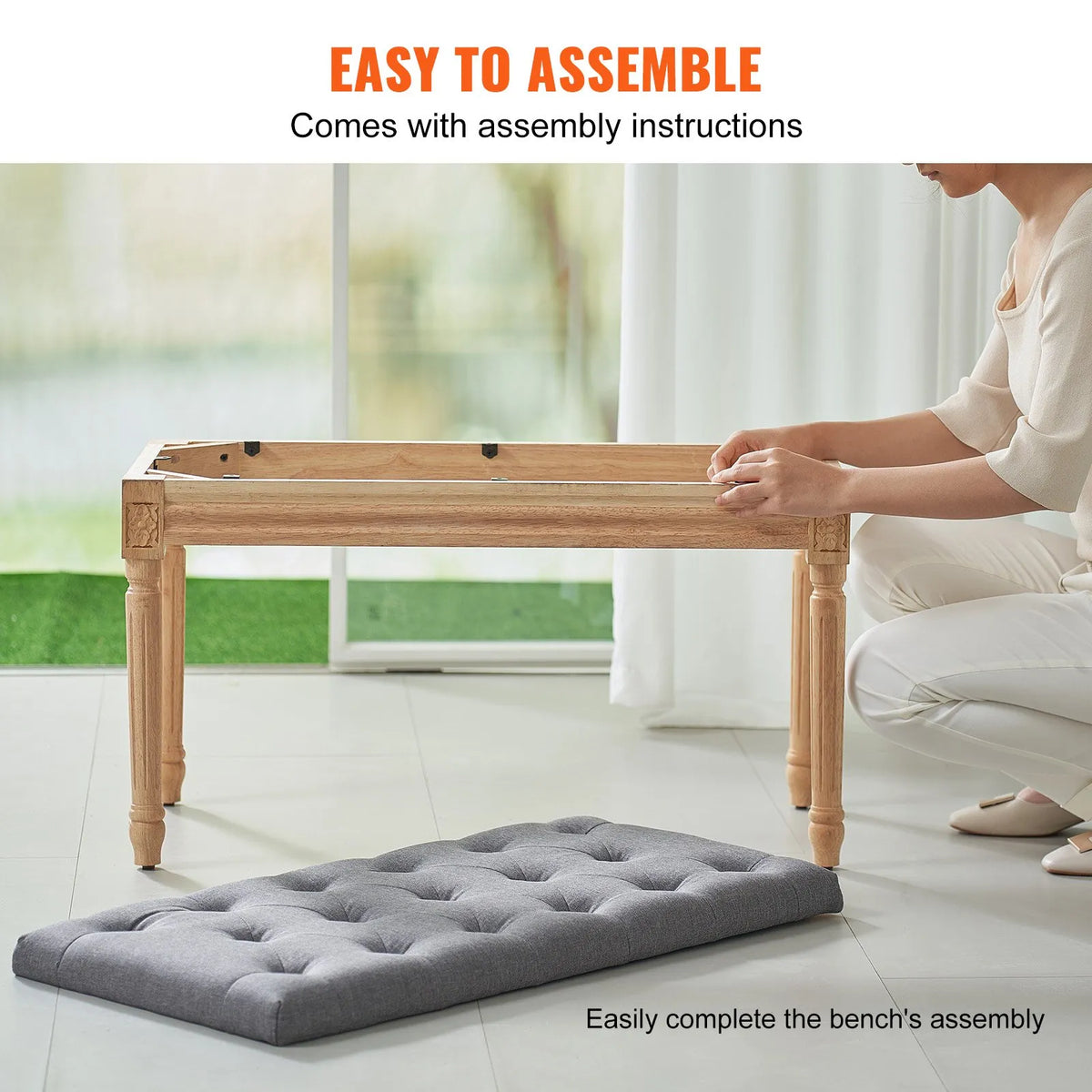 VEVOR Upholstered Footstool, 40 cm Wide Ottoman with Foam Padding and Rubber Wood Legs, Tufted Seat, Footrest and Hallway Bench, Suitable for Bedroom, Living Room, Dining Room or Corridor, Grey