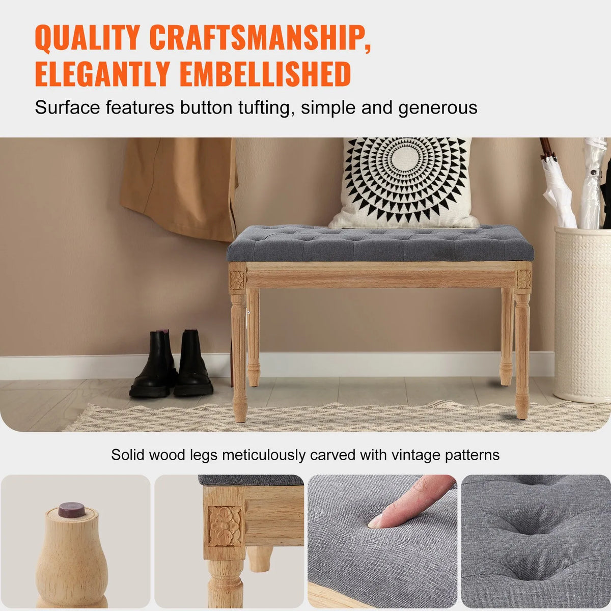 VEVOR Upholstered Footstool, 40 cm Wide Ottoman with Foam Padding and Rubber Wood Legs, Tufted Seat, Footrest and Hallway Bench, Suitable for Bedroom, Living Room, Dining Room or Corridor, Grey