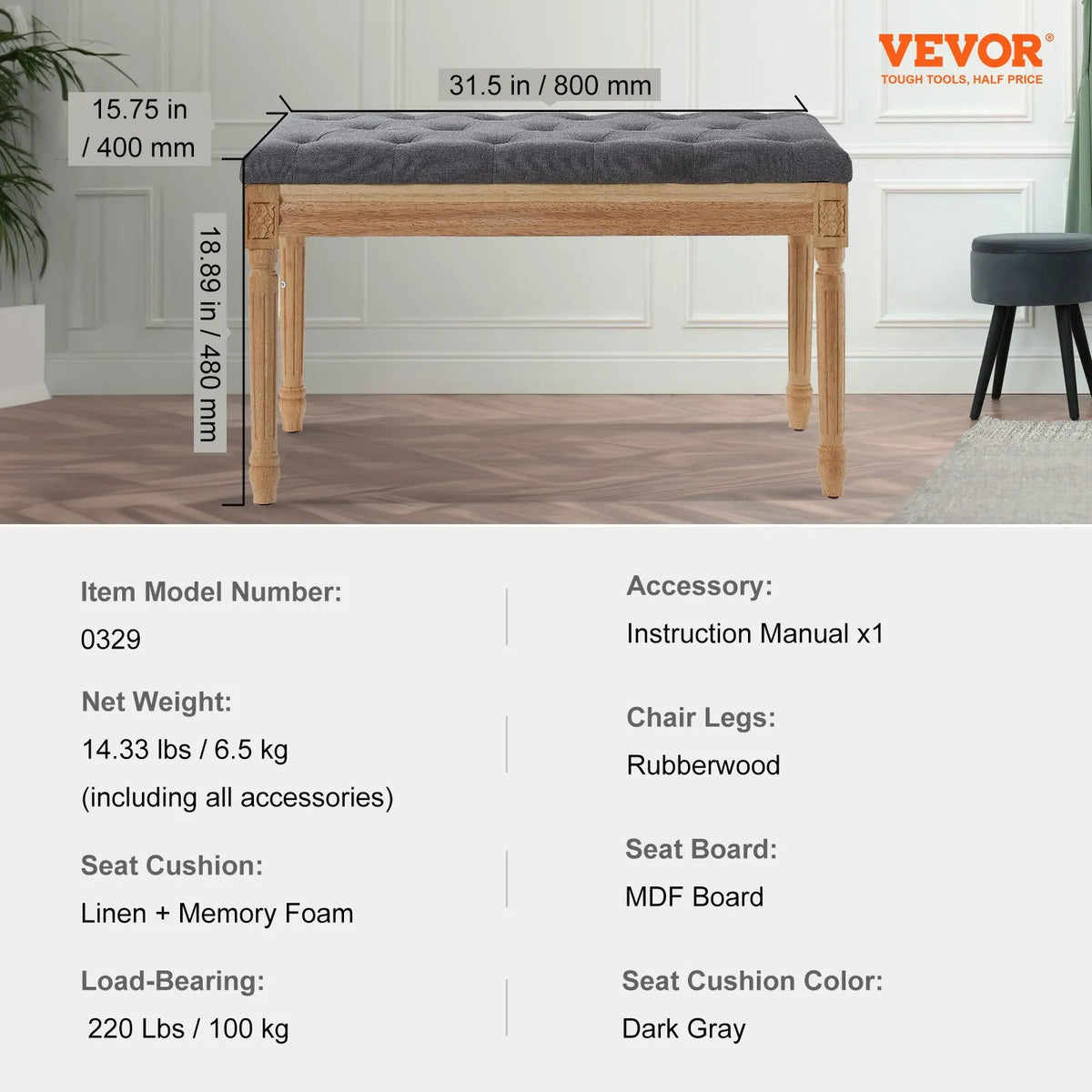 VEVOR Upholstered Footstool, 40 cm Wide Ottoman with Foam Padding and Rubber Wood Legs, Tufted Seat, Footrest and Hallway Bench, Suitable for Bedroom, Living Room, Dining Room or Corridor, Grey