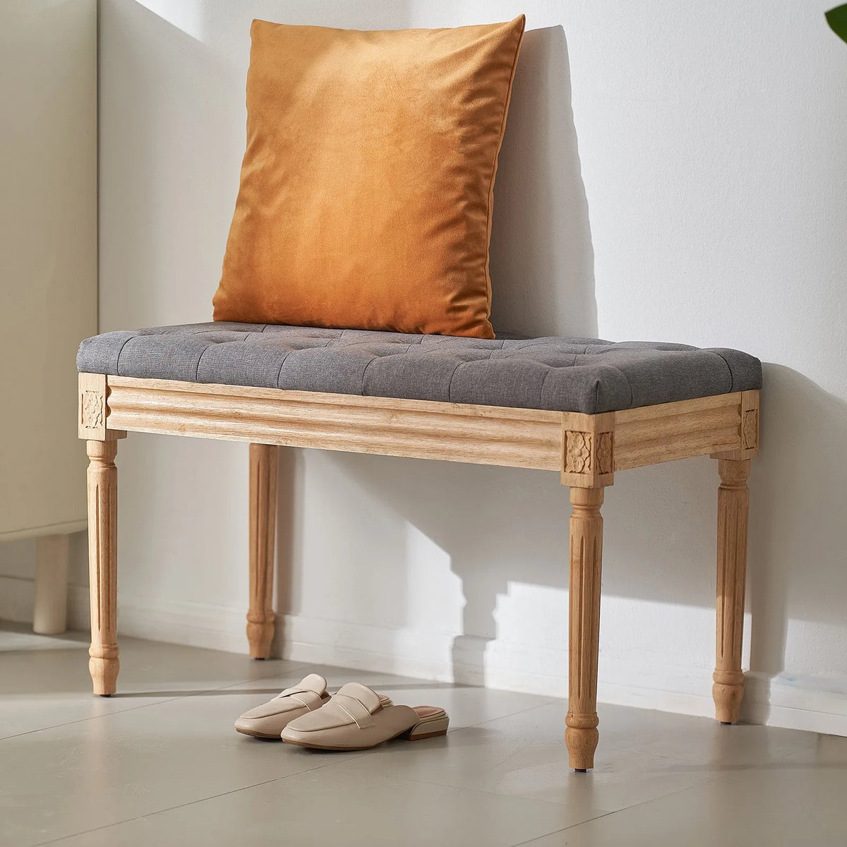VEVOR Upholstered Footstool, 40 cm Wide Ottoman with Foam Padding and Rubber Wood Legs, Tufted Seat, Footrest and Hallway Bench, Suitable for Bedroom, Living Room, Dining Room or Corridor, Grey