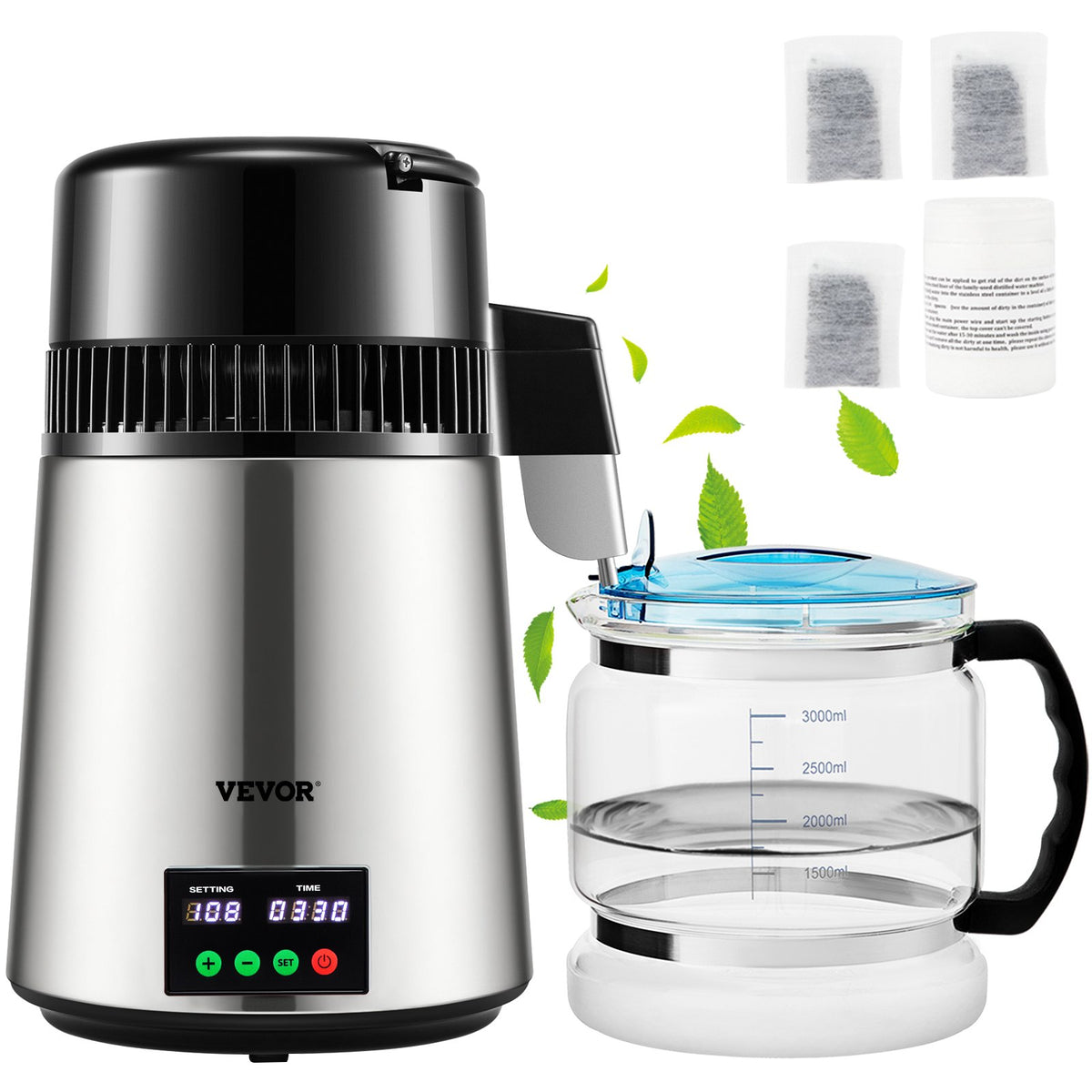 4L VEVOR Water Distiller with 1 l/h Output, Timer and Temperature Display, Silver
