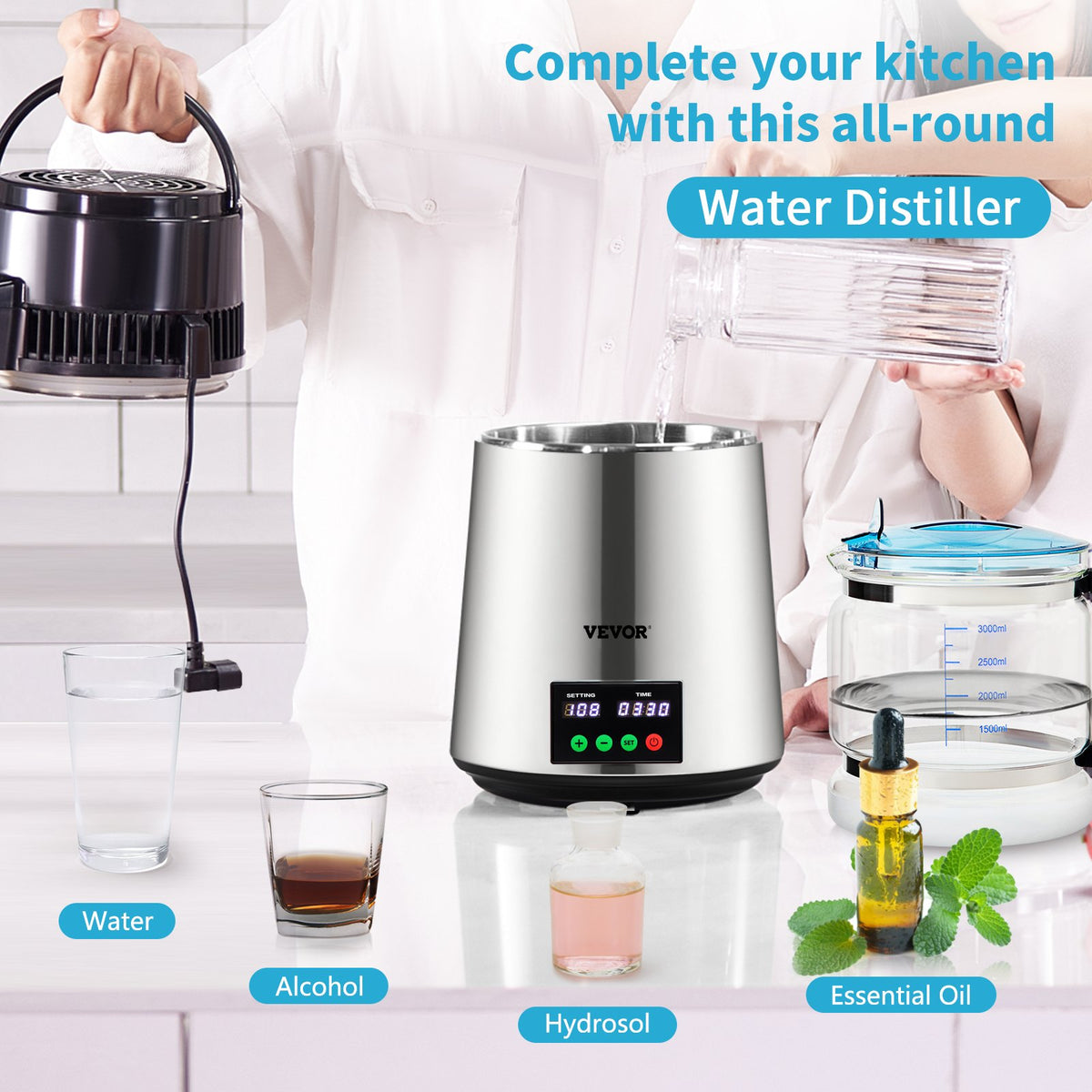 4L VEVOR Water Distiller with 1 l/h Output, Timer and Temperature Display, Silver