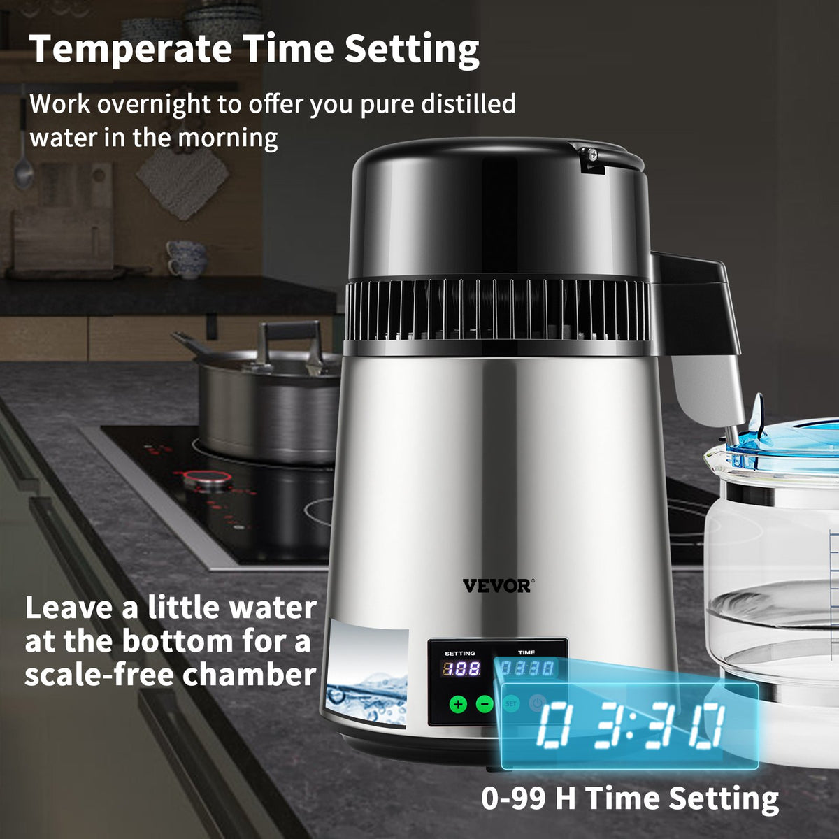 4L VEVOR Water Distiller with 1 l/h Output, Timer and Temperature Display, Silver