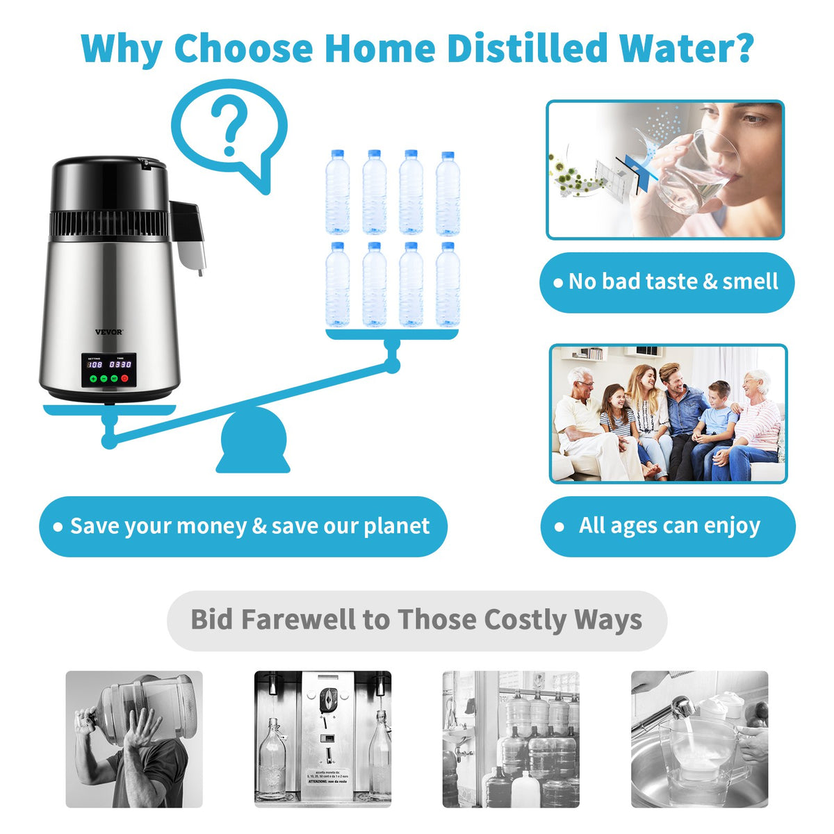 4L VEVOR Water Distiller with 1 l/h Output, Timer and Temperature Display, Silver