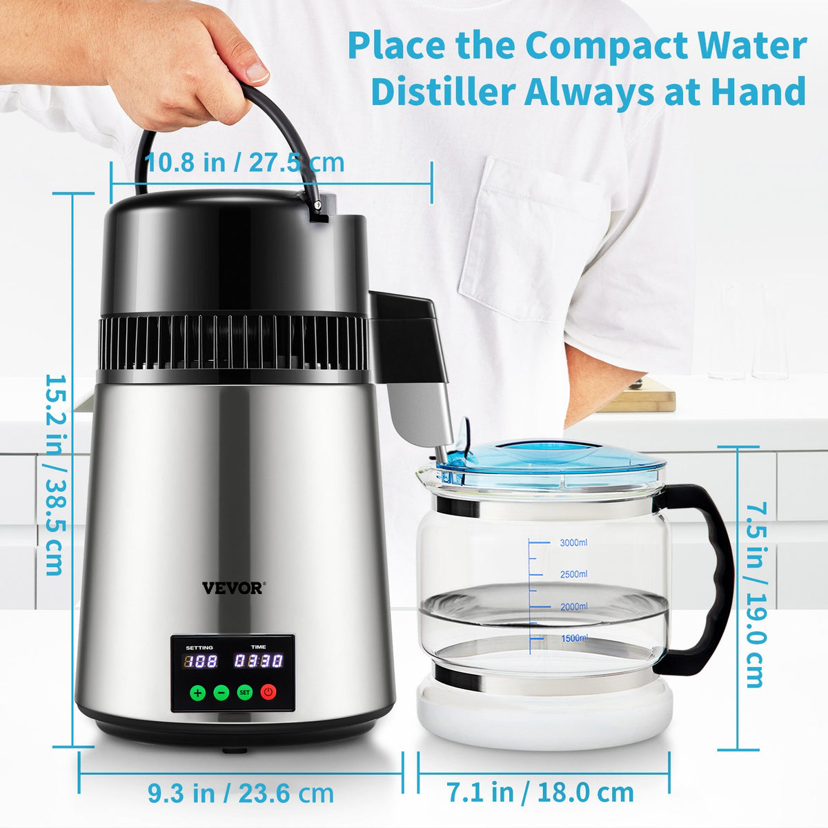 4L VEVOR Water Distiller with 1 l/h Output, Timer and Temperature Display, Silver