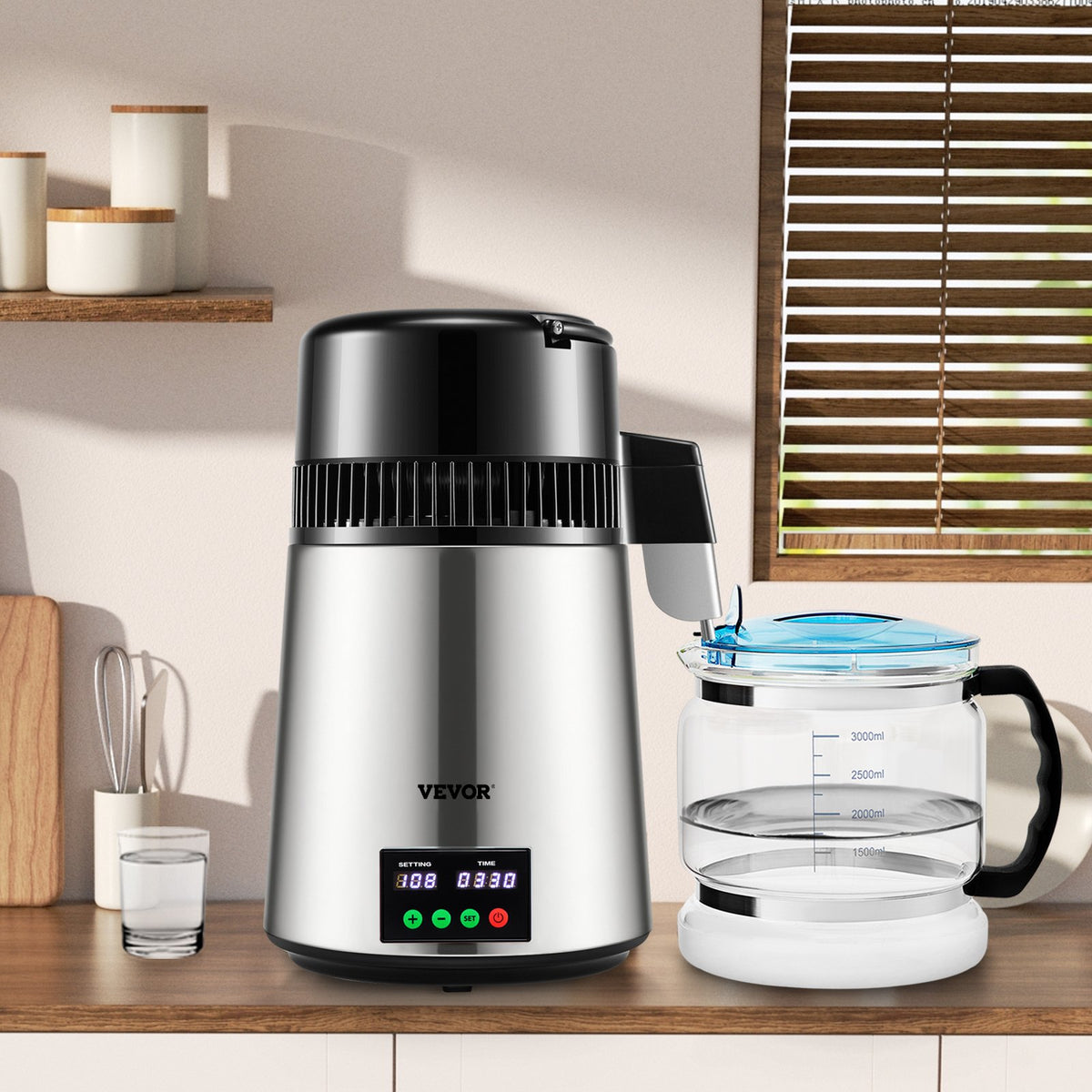 4L VEVOR Water Distiller with 1 l/h Output, Timer and Temperature Display, Silver