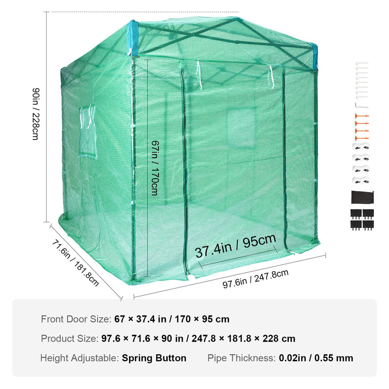 VEVOR siltumnīca  2,44 m x 1,83 m x 2,29 m, uzstādāma dažu minūšu laikā, augstas stiprības PE pārsegs ar durvīm un logiem un ar pulverkrāsotu tērauda rāmi, piemērots stādīšanai un uzglabāšanai, zaļa