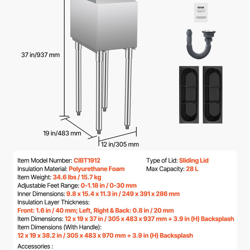 VEVOR komerciālais 28 L zemletu ledus trauks ar bīdāmu vāku un pudeļu turētājiem
