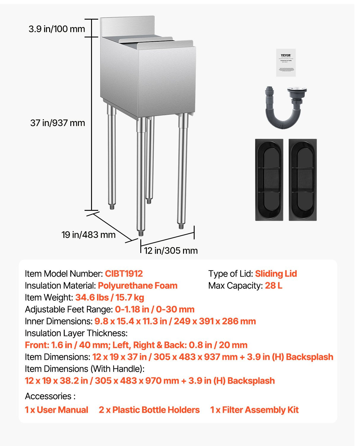 VEVOR Commercial Ice Bucket 28 l with Sliding Lid and Bottle Holders