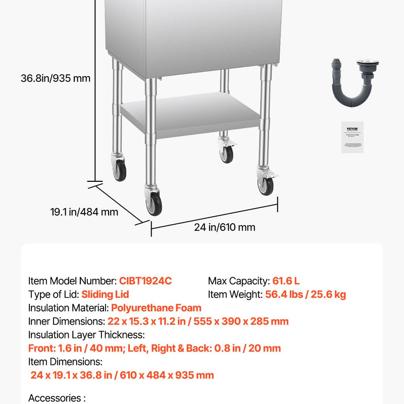 Komerciālais ledus kaste uz riteņiem, 61,6 L, ar apakšējo plauktu