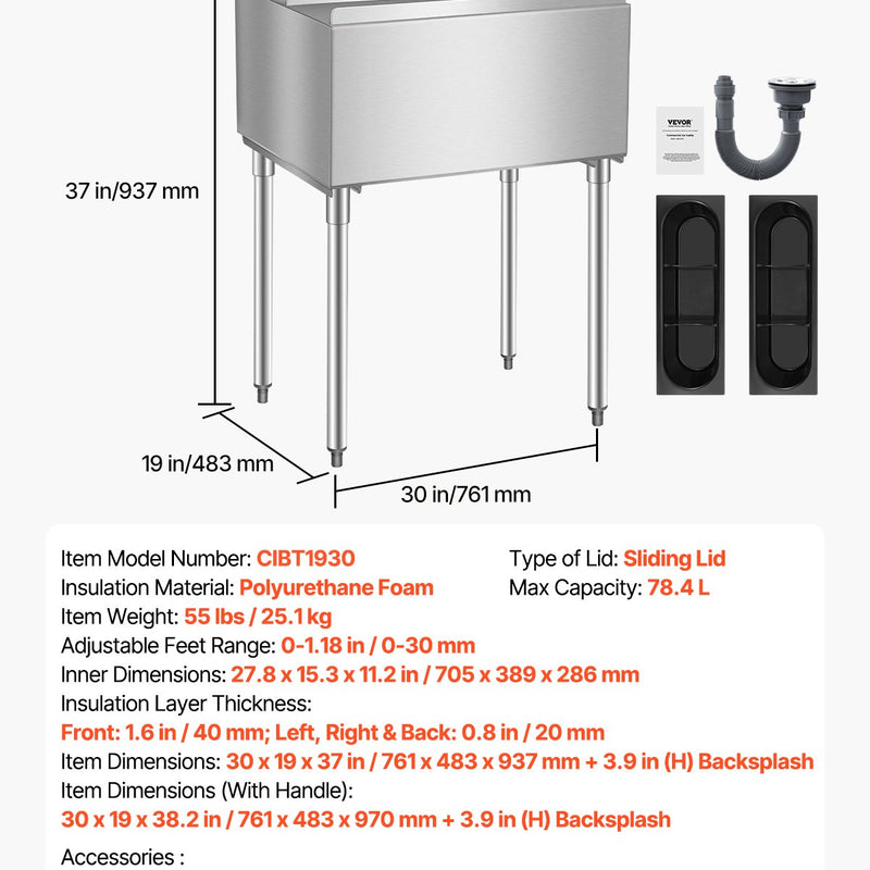 VEVOR Komercialaisledus trauks, 78,4 л, со сдвижной крышкой и узкими обложками