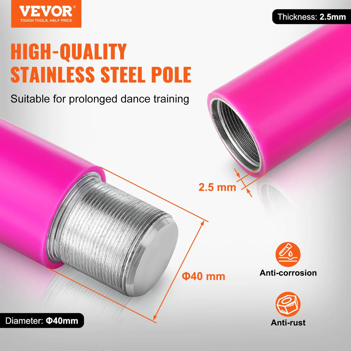 VEVOR deju stienis 40 mm, rotējošs un statisks, regulējams augstums, nerūsējošais tērauds, rozā