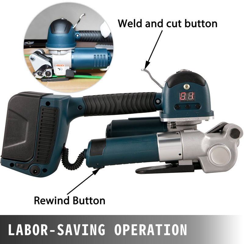 VEVOR elektriskais lentu stiprināšanas rīks DD19A - rokas strapping iekārta PP/PET lentēm 10-16 mm platumā, ar elektrisko metināšanu un regulējamu spriegojumu 400-3500 N, akumulatora darbināma