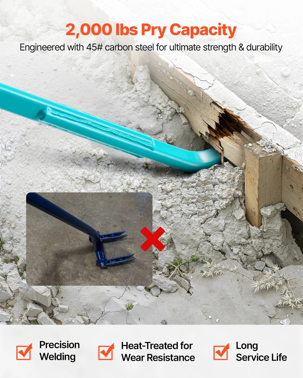 VEVOR Pry Bar with Lever Mechanism, 907 kg Load Capacity, 1.3 m Carbon Steel Handle, 1.4 m Long Demolition Bar for Concrete and Dismantling, Construction and Industrial Use