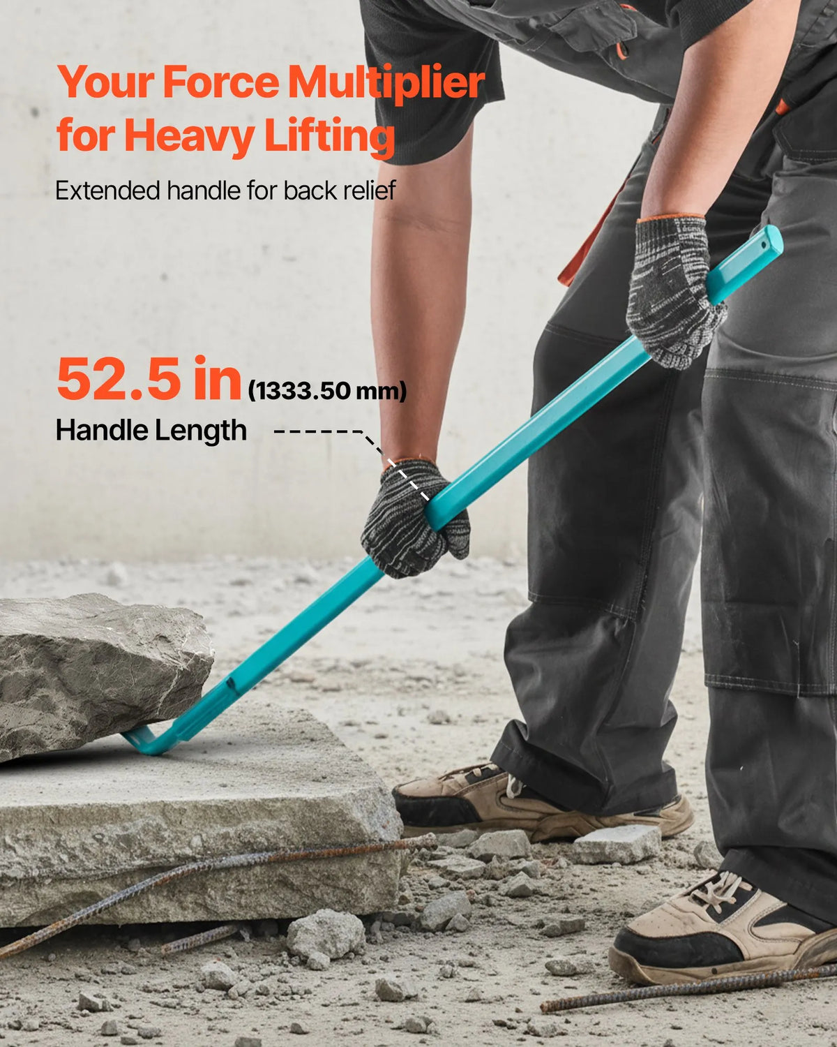 VEVOR Pry Bar with Lever Mechanism, 907 kg Load Capacity, 1.3 m Carbon Steel Handle, 1.4 m Long Demolition Bar for Concrete and Dismantling, Construction and Industrial Use